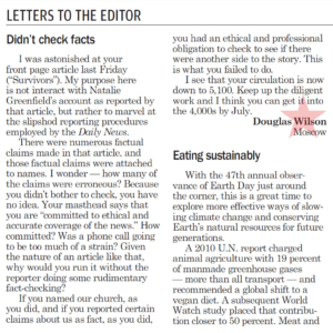 Letter to the Editor by serial pastor Douglas Wilson