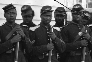 Close up of Company E, 4th US Colored Infantry at Fort Lincoln.