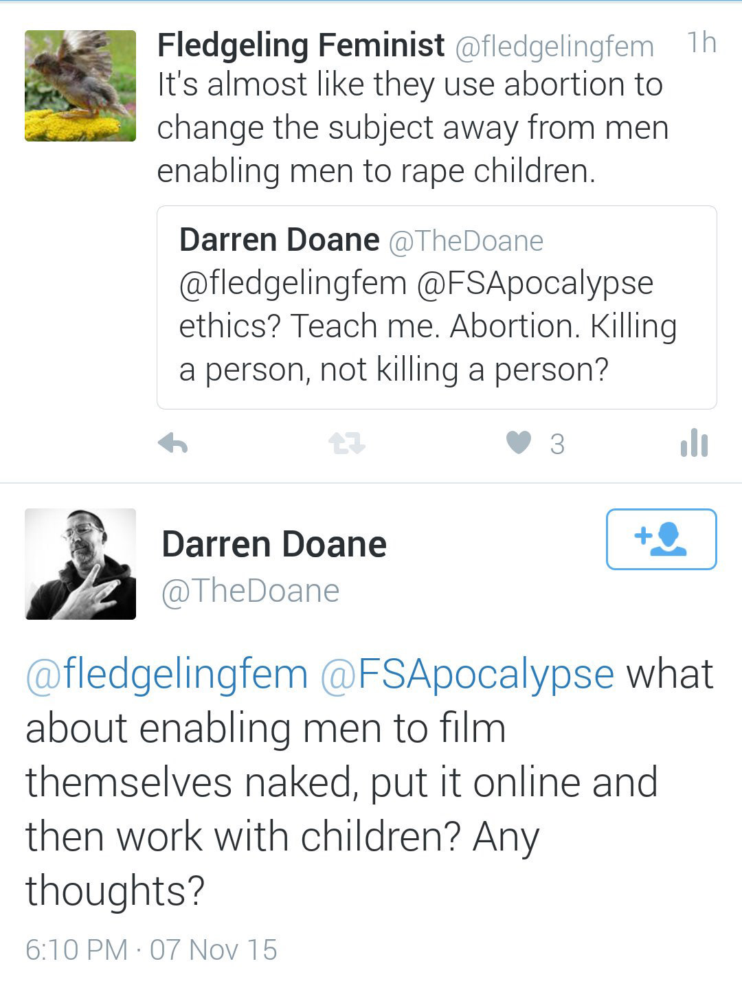 Darren Doane “enabling men to rape children”