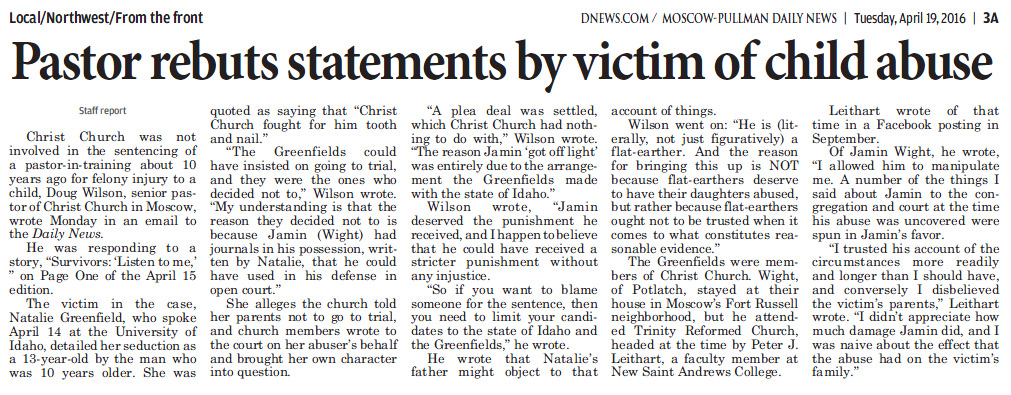 Moscow-Pullman Daily News: “Pastor rebuts statements by victim of child abuse”