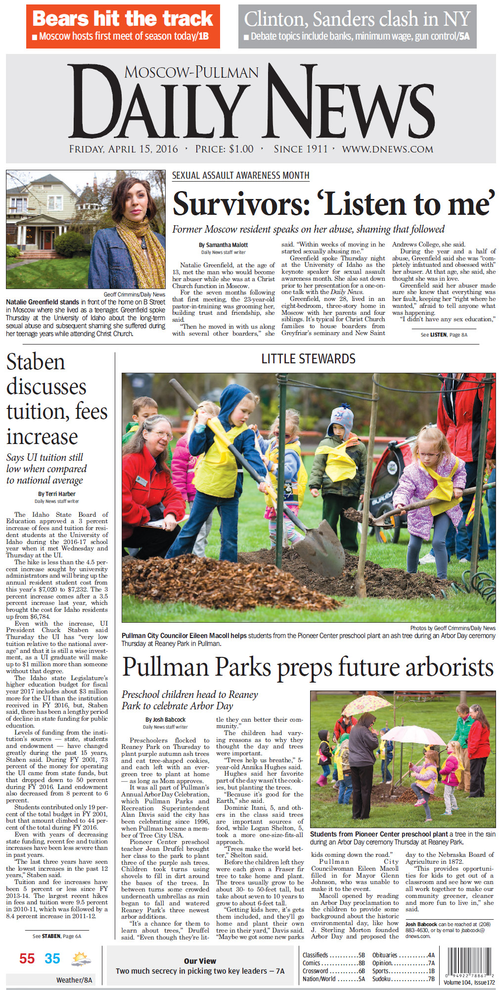 Moscow-Pullman Daily News front-page story: “Survivors: ‘Listen to me’”