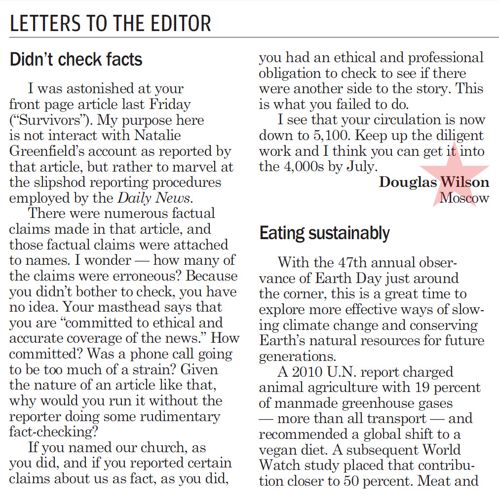 Douglas Wilson, Letter to the Editor