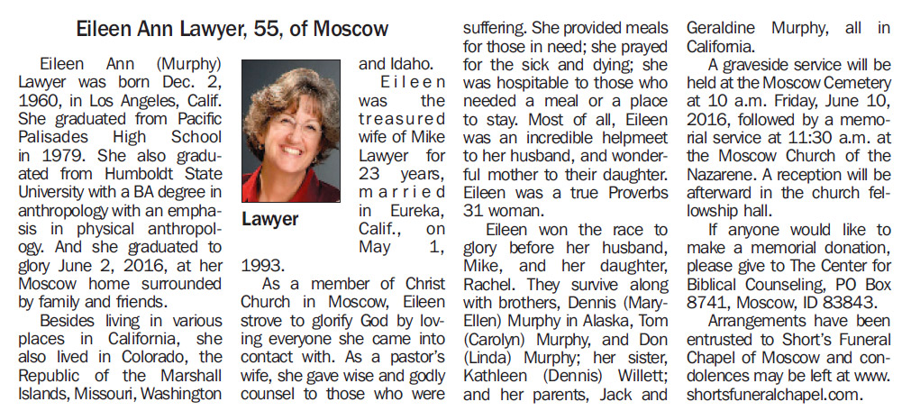 Moscow Pullman Daily News Obituary: Eileen Ann Lawyer