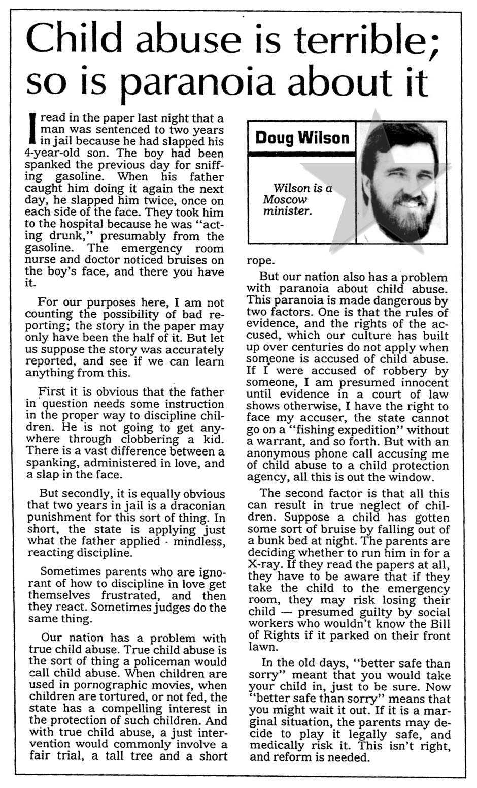 Child abuse is terrible; so is paranoia about it, Lewiston Morning Tribune, December 16, 1989