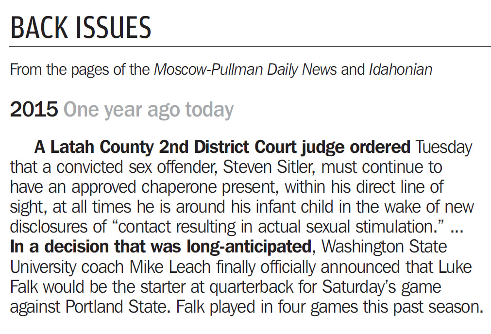 Moscow-Pullman Daily News, September 2, 2016, Back Issues, Steven Sitler