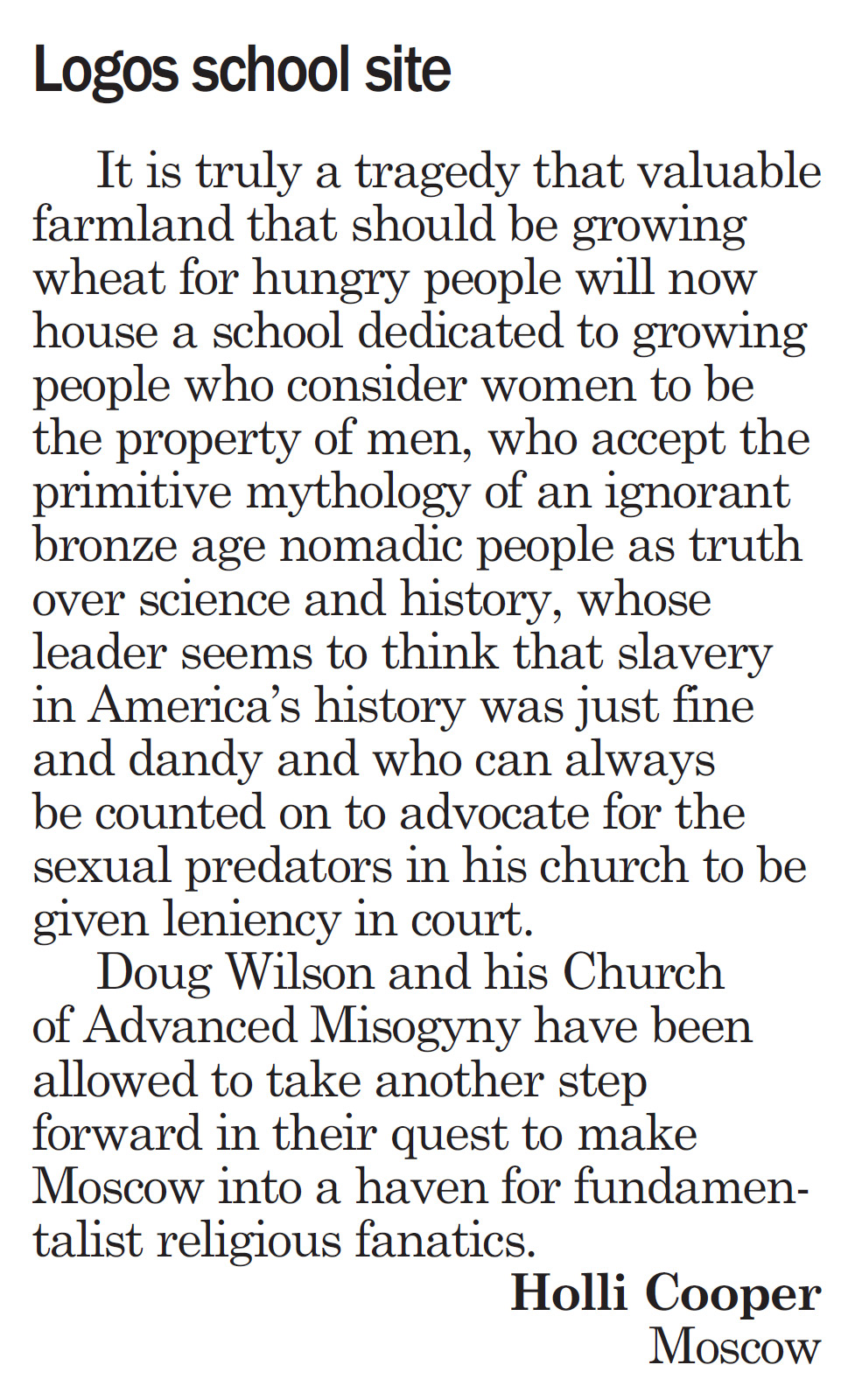 Letter to the Editor, Moscow-Pullman Daily News, October 4, 2016