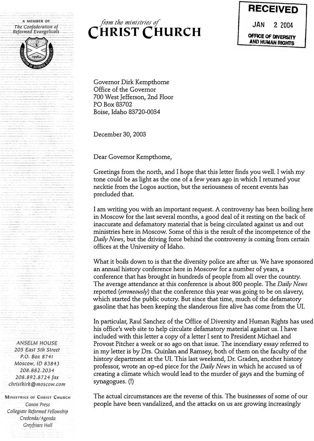 Wilson to Governor Kempthorne page 1