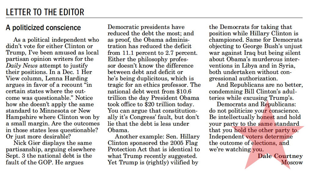 Moscow-Pullman Daily News, letter to the editor