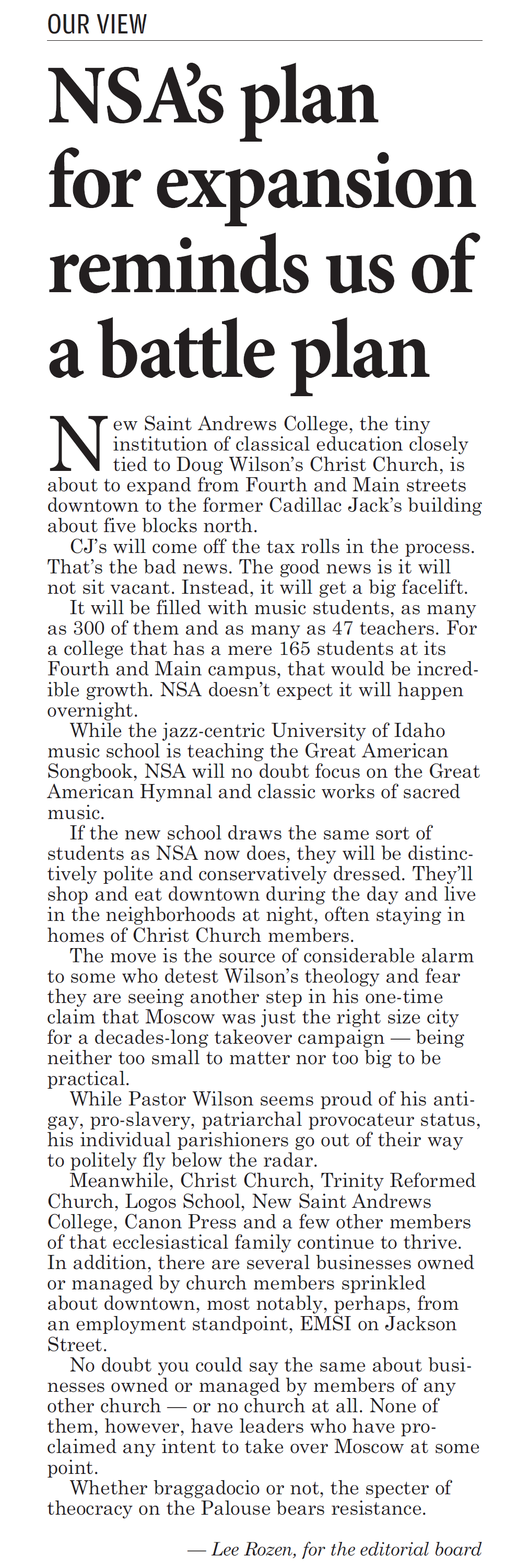 Moscow-Pullman Daily News editorial, April 29, 2017: “NSA’s plan for expansion reminds us of a battle plan”