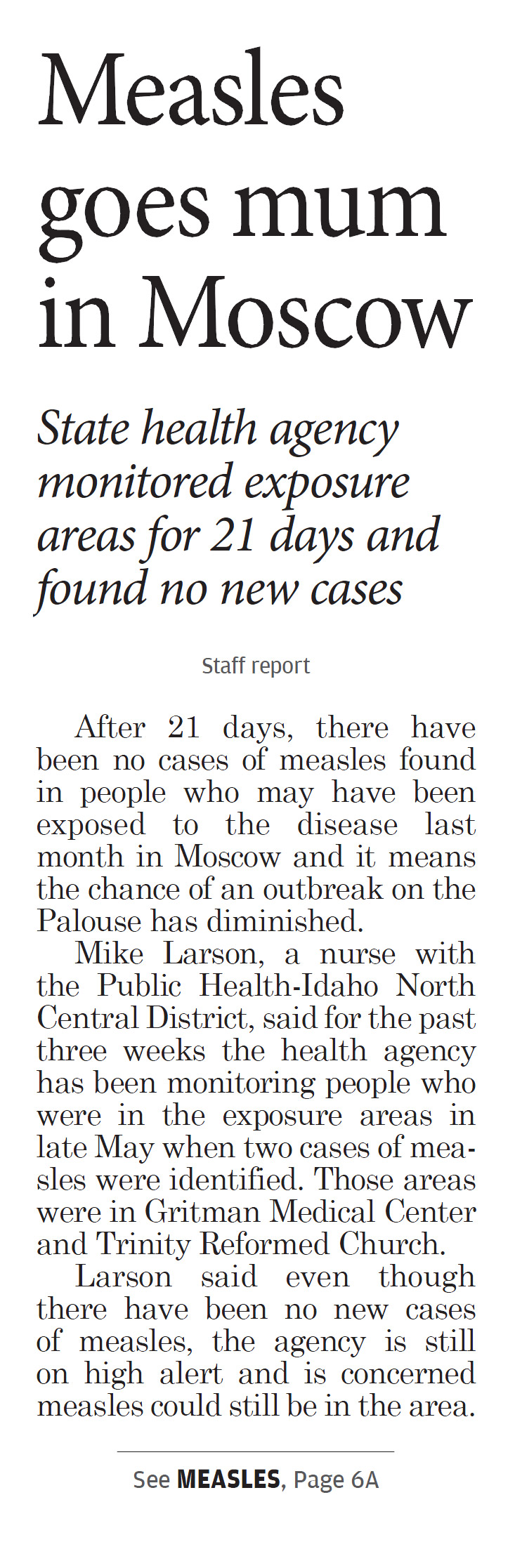 Moscow-Pullman Daily News, June 29, 2019, page 1