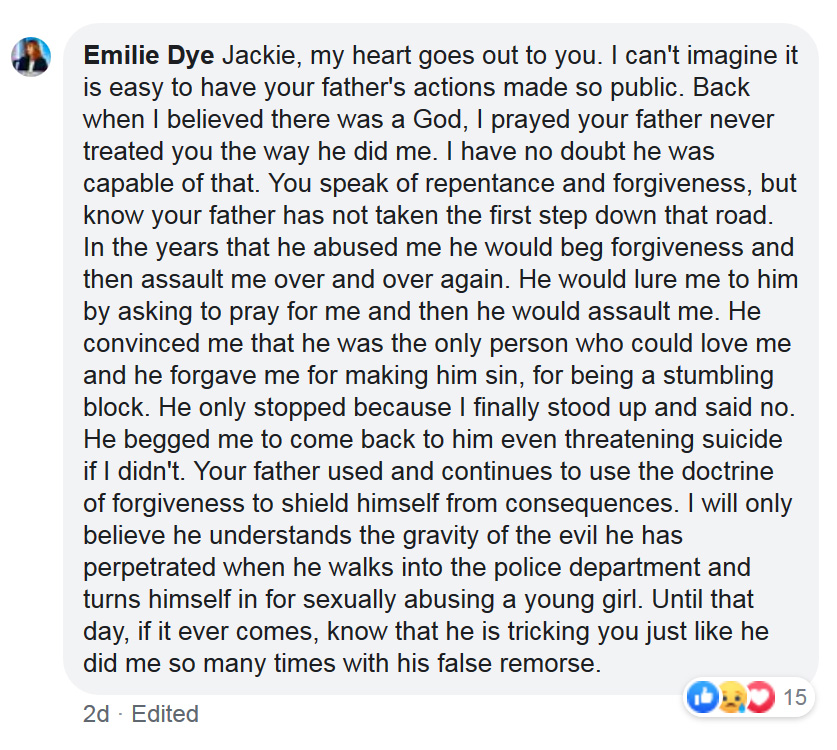 Emilie Dye, Facebook Comment