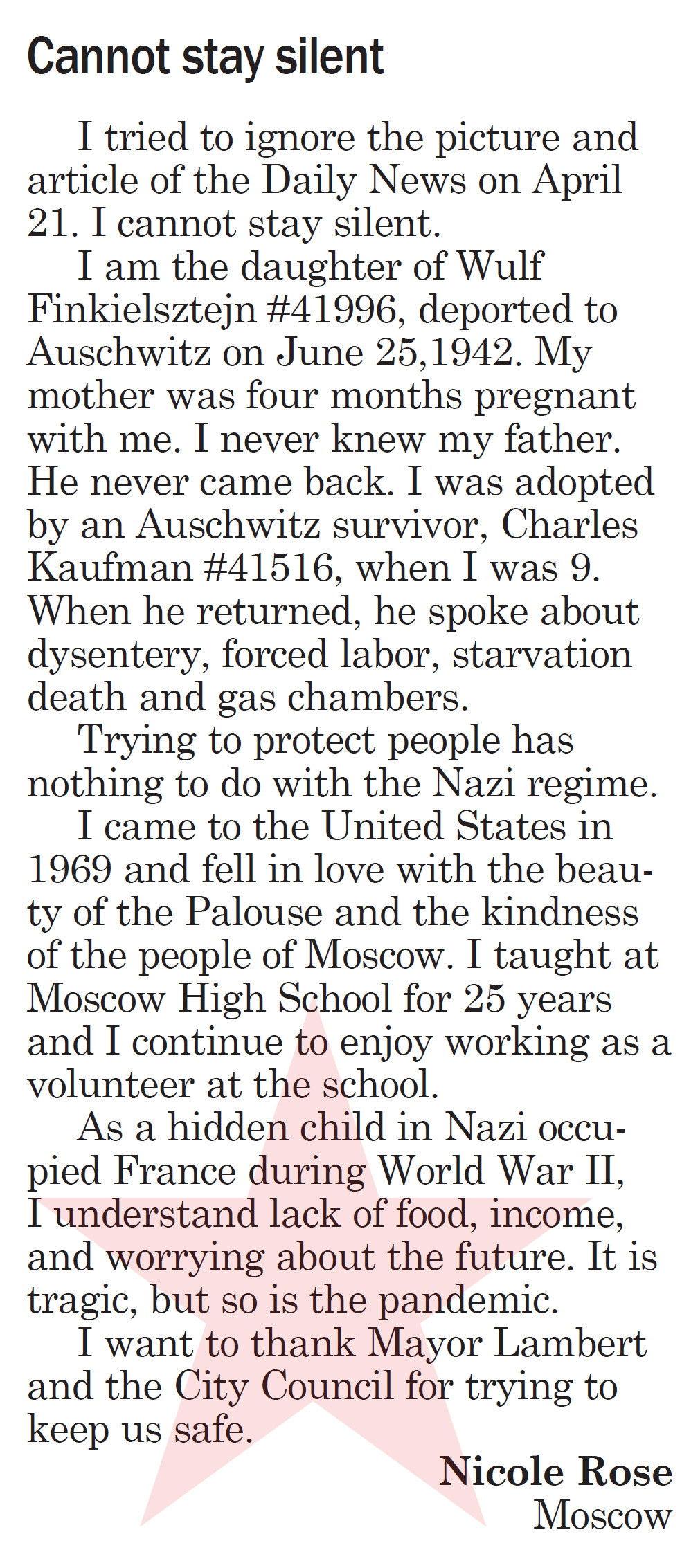 Moscow-Pullman Daily News Letter to the Editor, April 25, 2020, page 5, “Cannot stay silent”