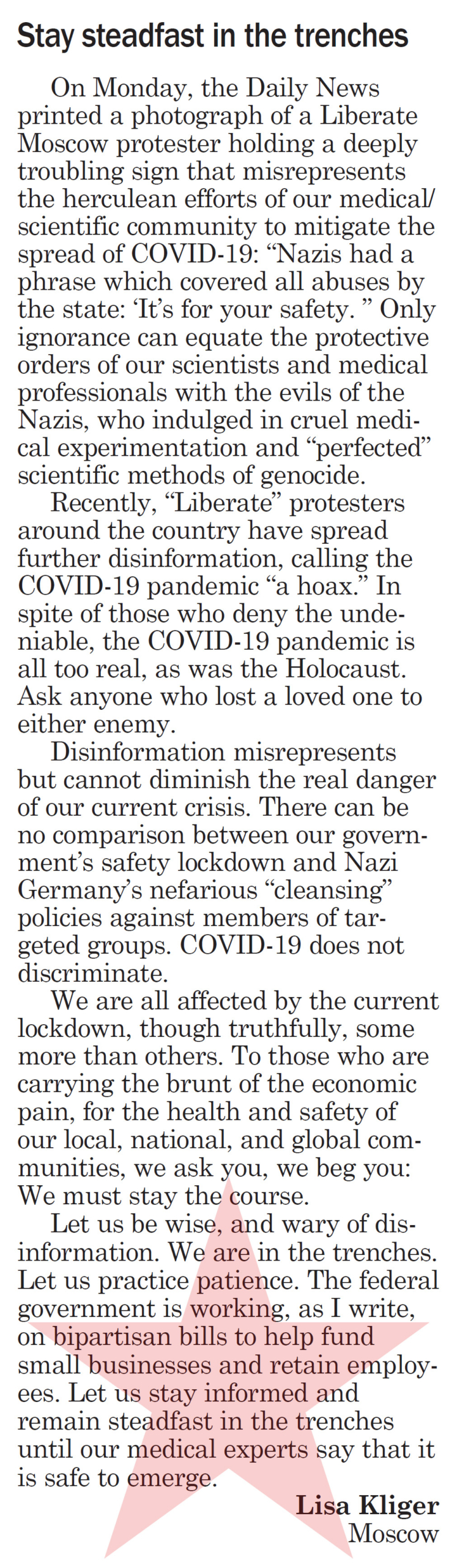 Moscow-Pullman Daily News Letter to the Editor, April 25, 2020, page 5, “Stay steadfast in the trenches”