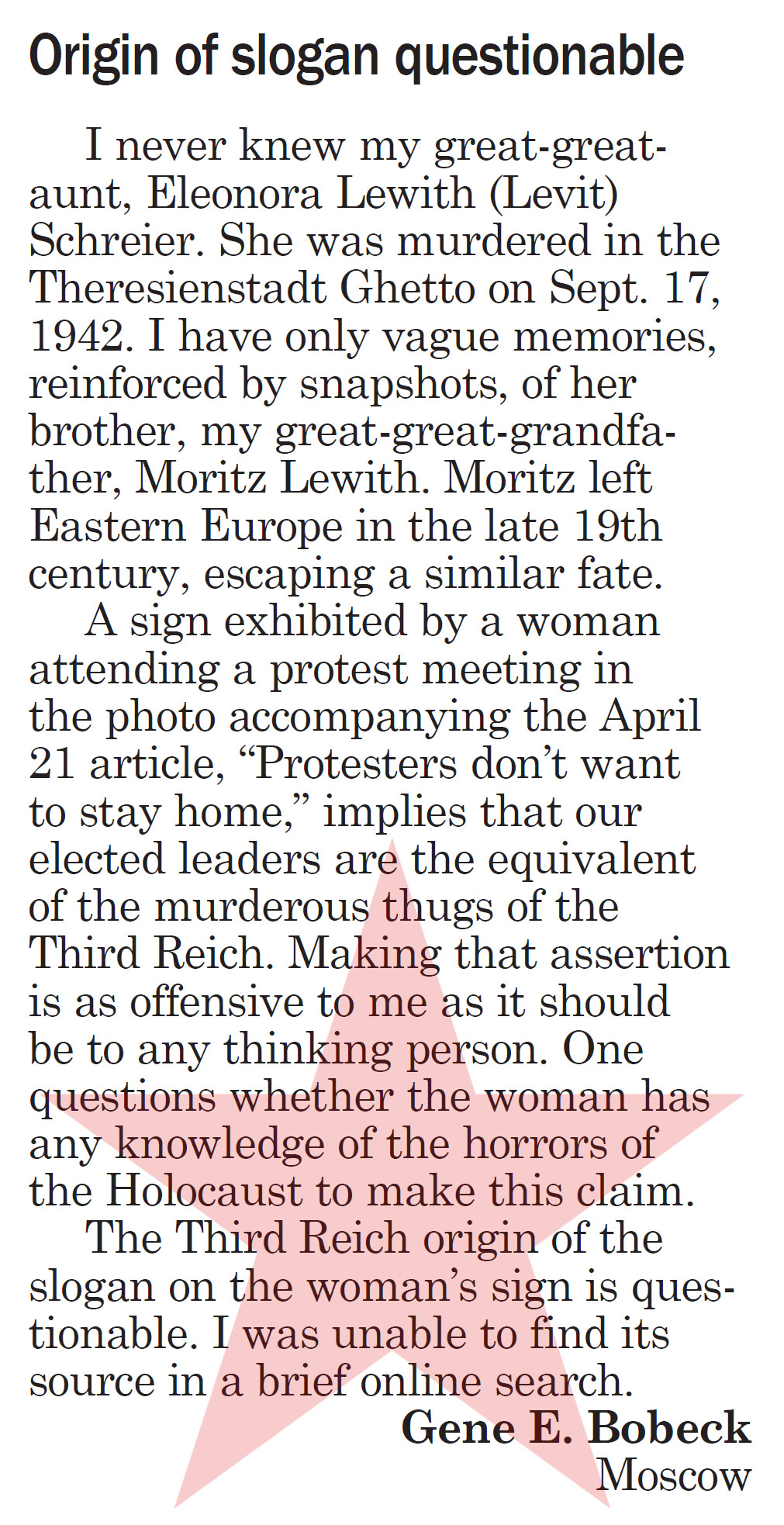 Moscow-Pullman Daily News Letter to the Editor, April 27, 2020, page 5, “Origin of slogan questionable”