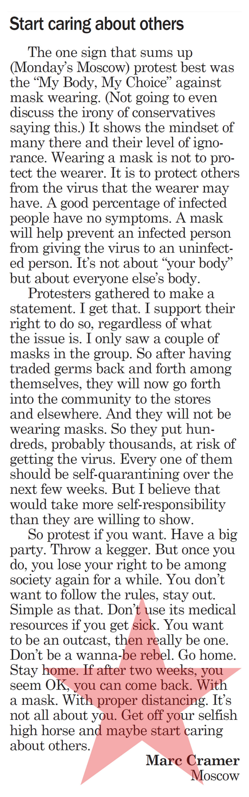 Moscow-Pullman Daily News Letter to the Editor, April 22, 2020, page 5, “Start caring about others”