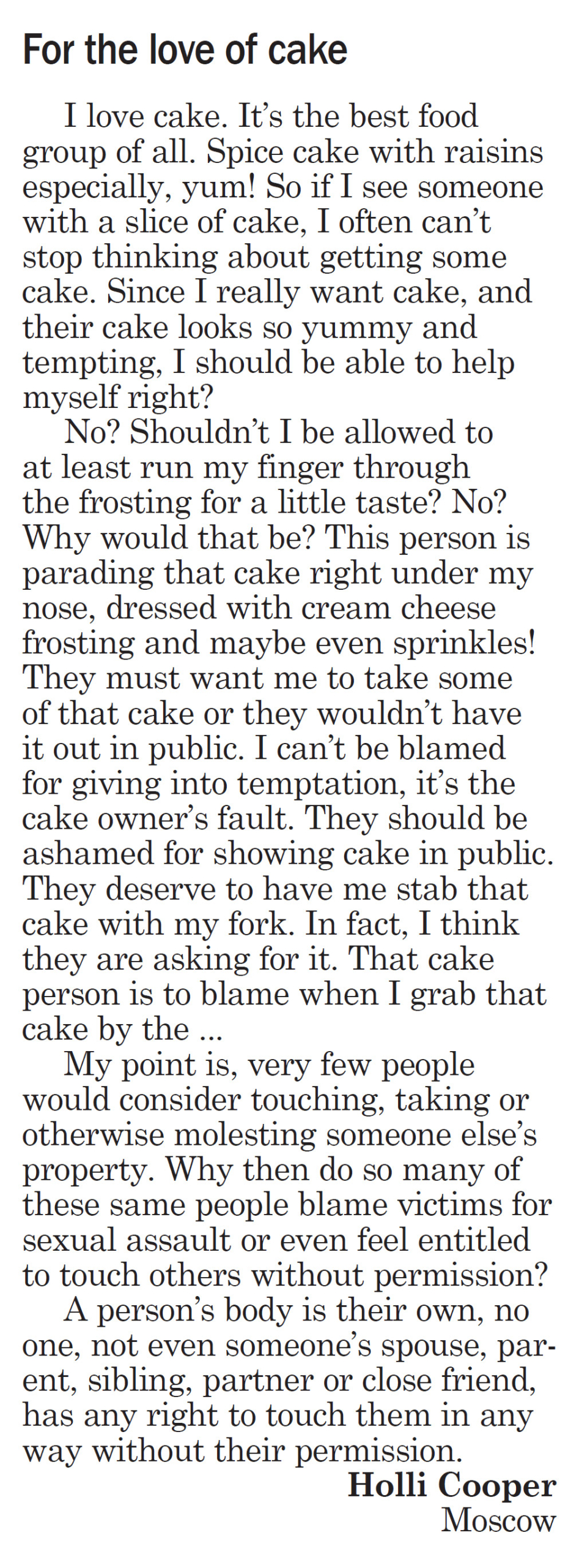 Moscow Pullman Daily News Letter to the Editor, “For the love of cake,” May 16, 2020, page 7