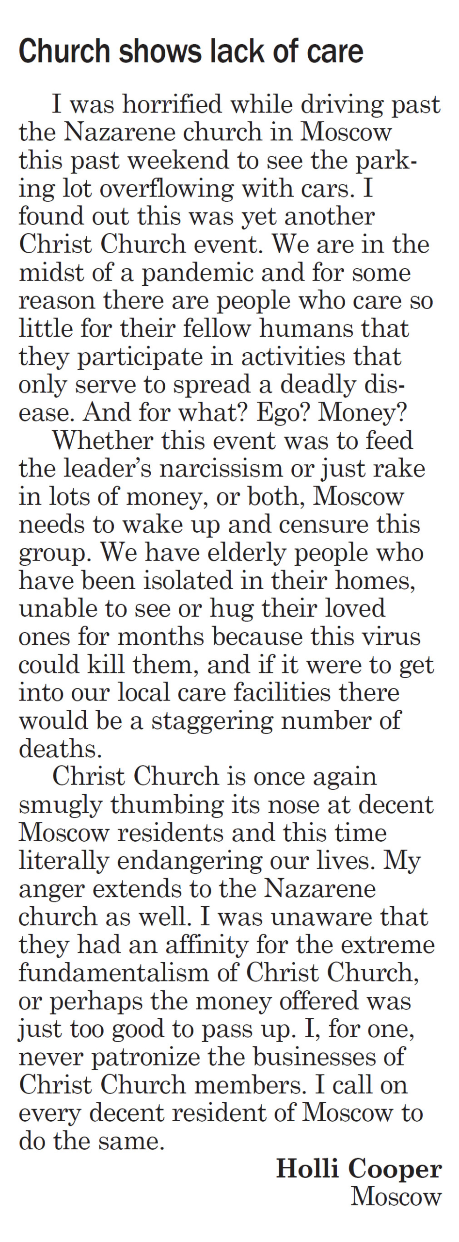 Moscow-Pullman Daily News August 20, 2020, Letter to the Editor: “Church shows lack of care”