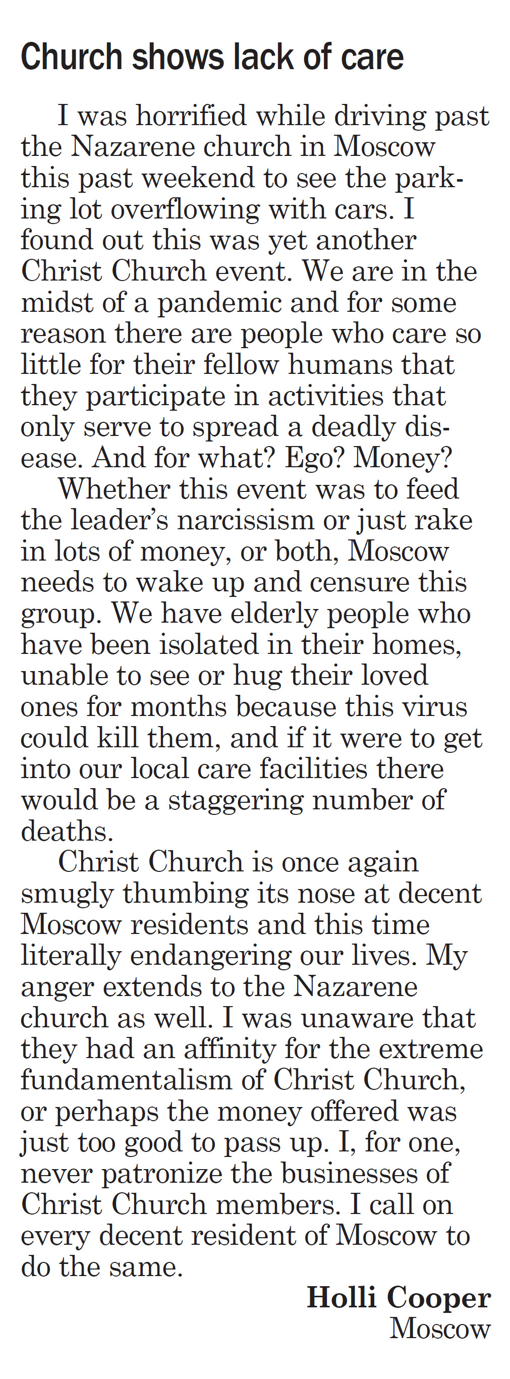 Moscow-Pullman Daily News August 20, 2020, Letter to the Editor: “Church shows lack of care”