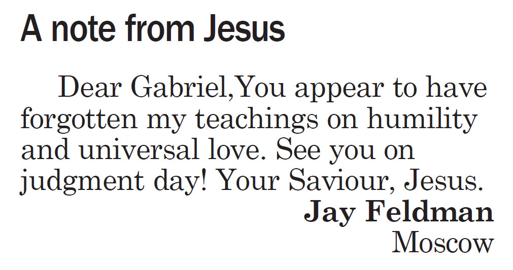 Moscow-Pullman Daily News, September 28, 2020, page 5, Letter to the Editor, “A note from Jesus”