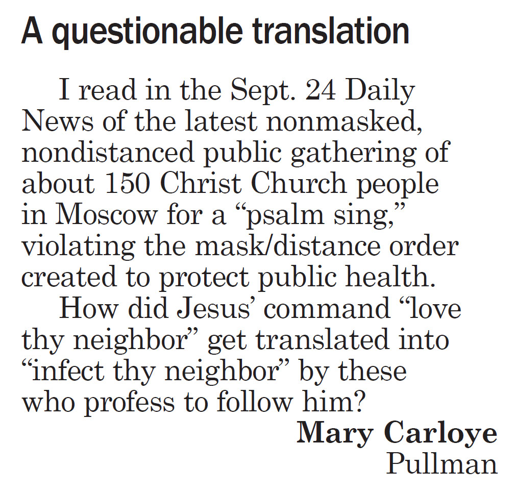  Moscow-Pullman Daily News, September 28, 2020, page 5, Letter to the Editor, “A questionable translation”