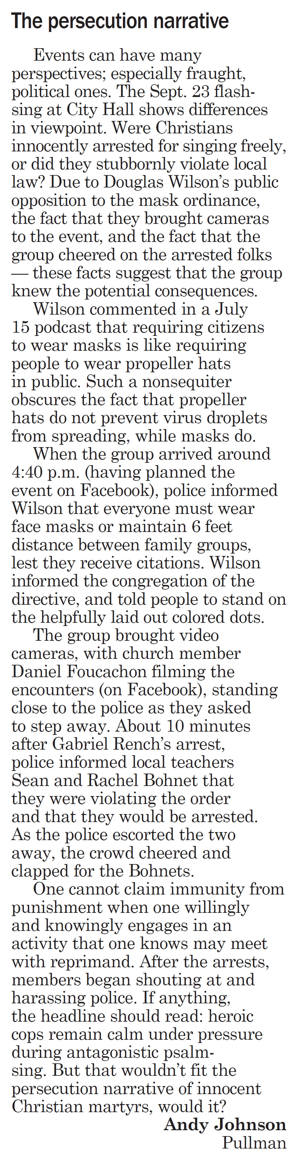 Moscow-Pullman Daily News, September 28, 2020, page 5, Letter to the Editor, “The persecution narrative”