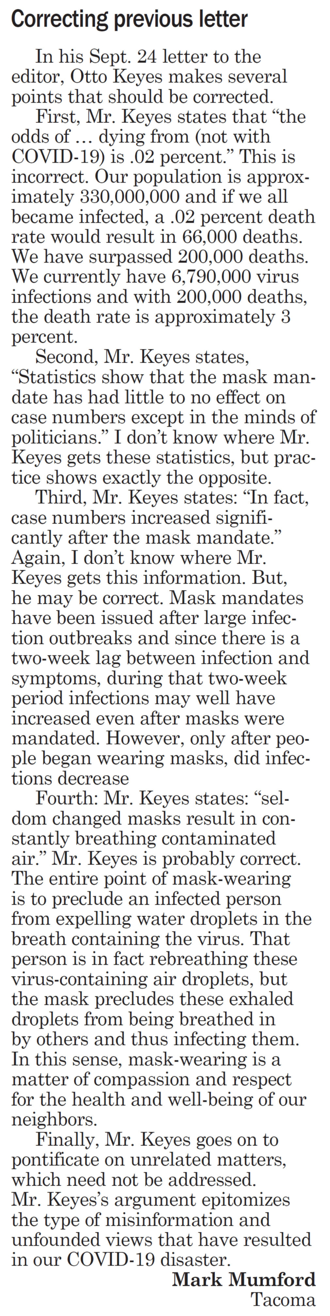 Moscow-Pullman Daily News, September 29, 2020, page 4, Letter to the editor “Correcting previous letter”