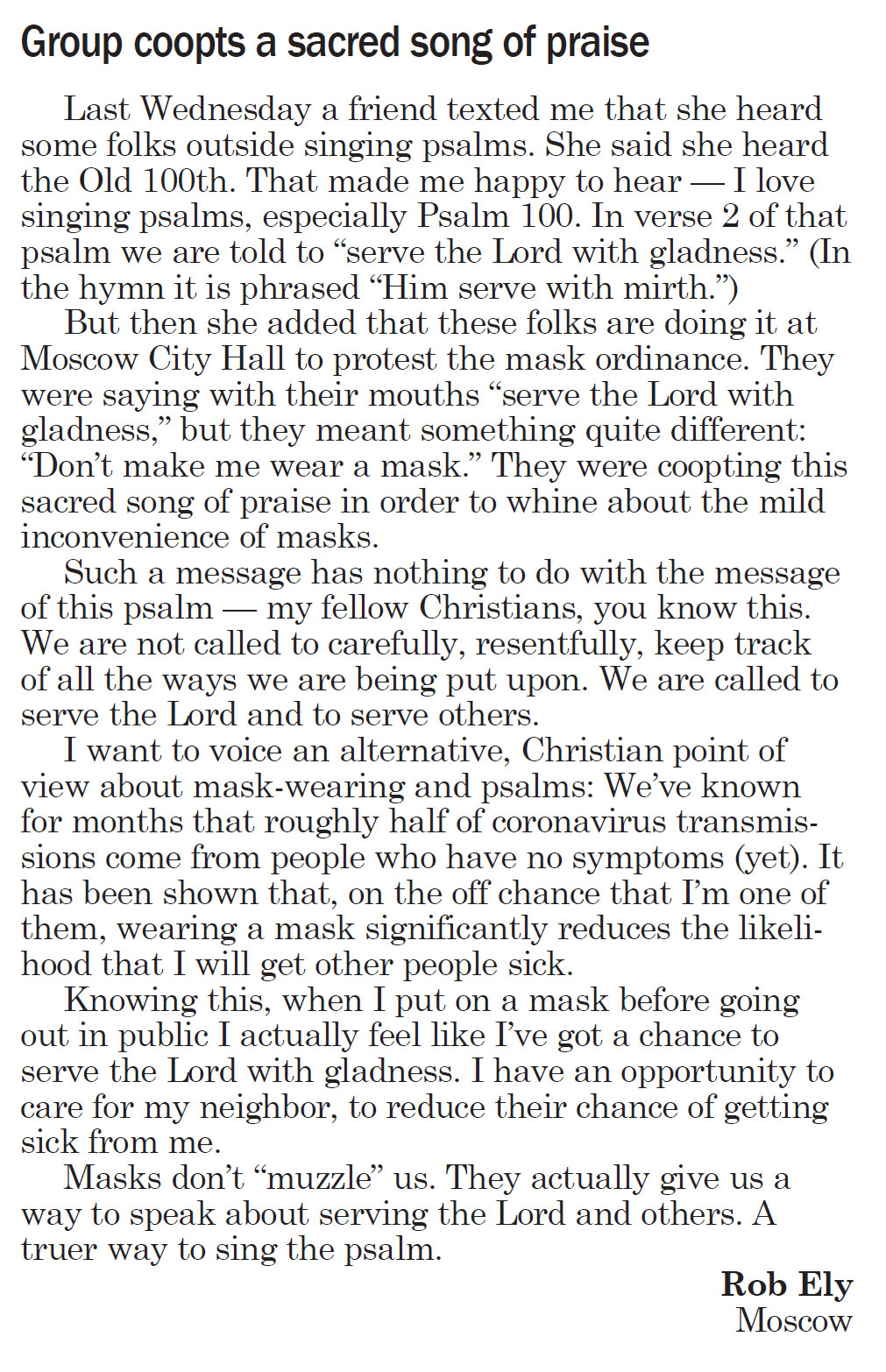 Moscow-Pullman Daily News, September 29, 2020, page 5, Letter to the editor “Group coopts a sacred song of praise”