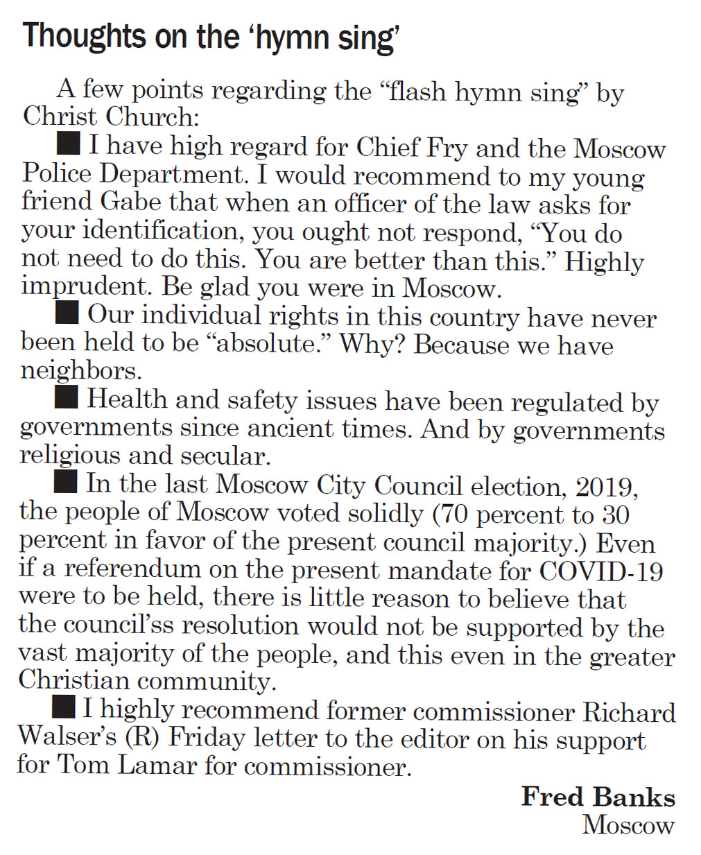 Moscow-Pullman Daily News, September 29, 2020, page 5, Letter to the editor “Thoughts on the ‘hymn sing’”