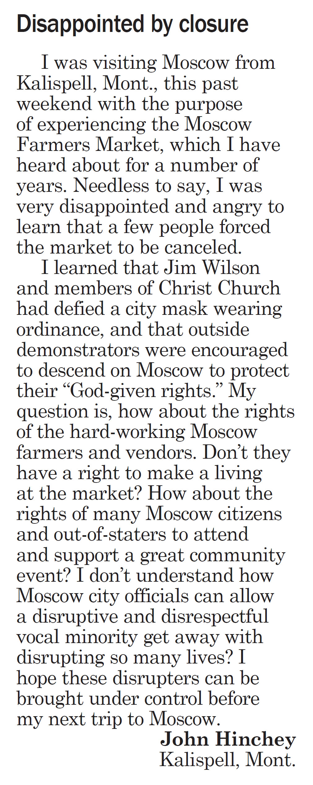 Moscow-Pullman Daily News, September 30, 2020, page 5, Letter to the Editor, “Disappointed by closure”