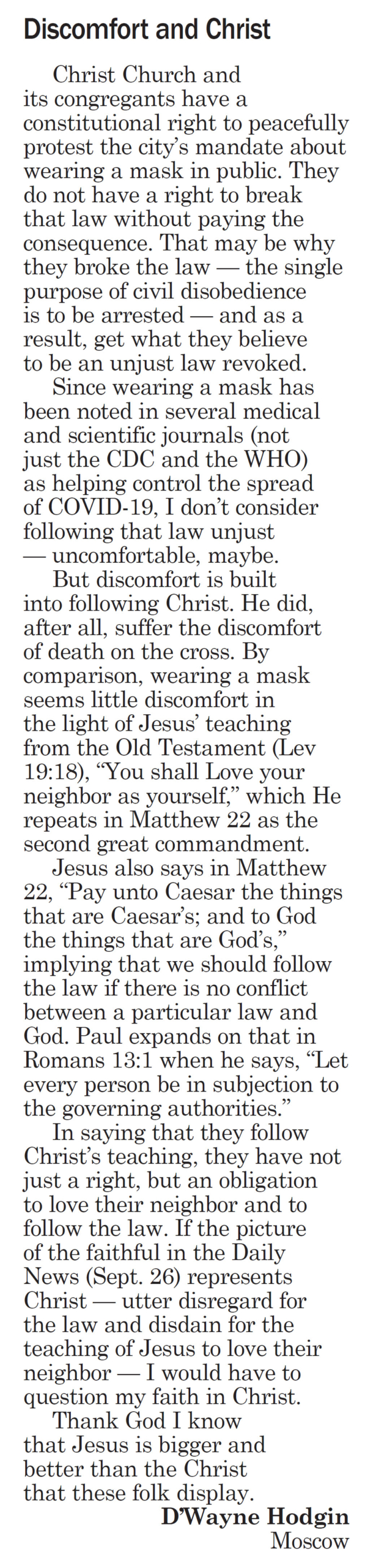 Moscow-Pullman Daily News, September 30, 2020, page 5, Letter to the Editor, “Discomfort and Christ”