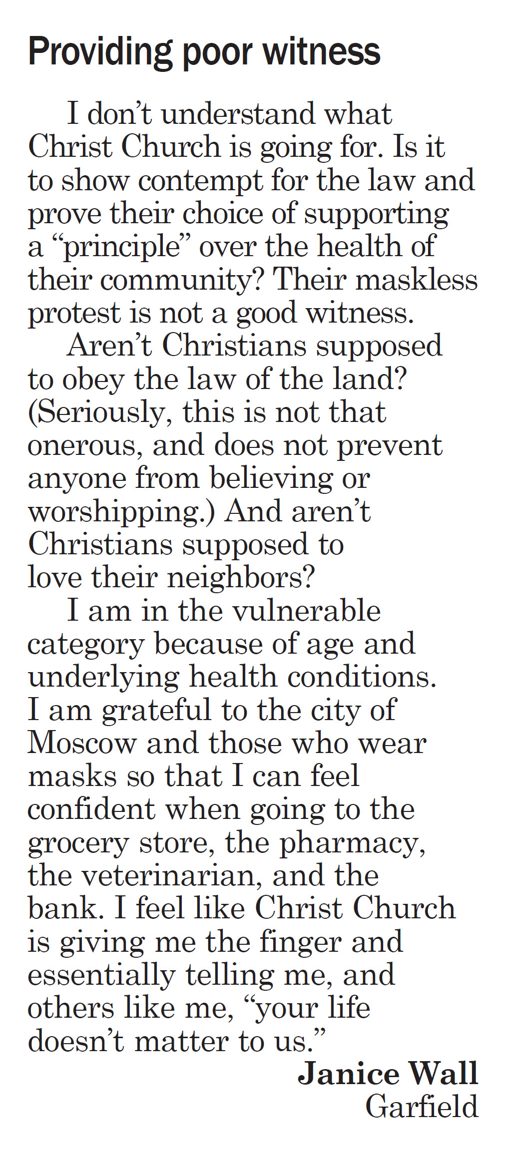 Moscow-Pullman Daily News, September 30, 2020, page 5, Letter to the Editor, “Providing poor witness”