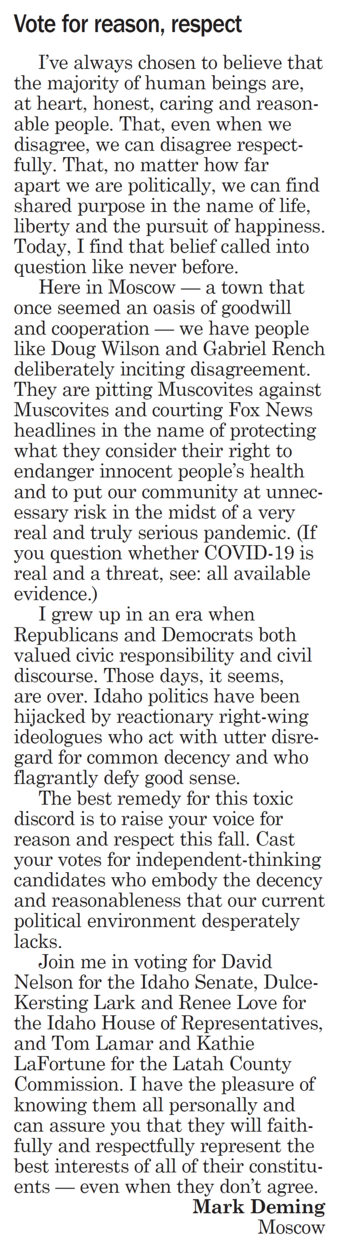 Moscow-Pullman Daily News, Letter to the Editor, October 3, 2020, page 5, “Vote for reason, respect”