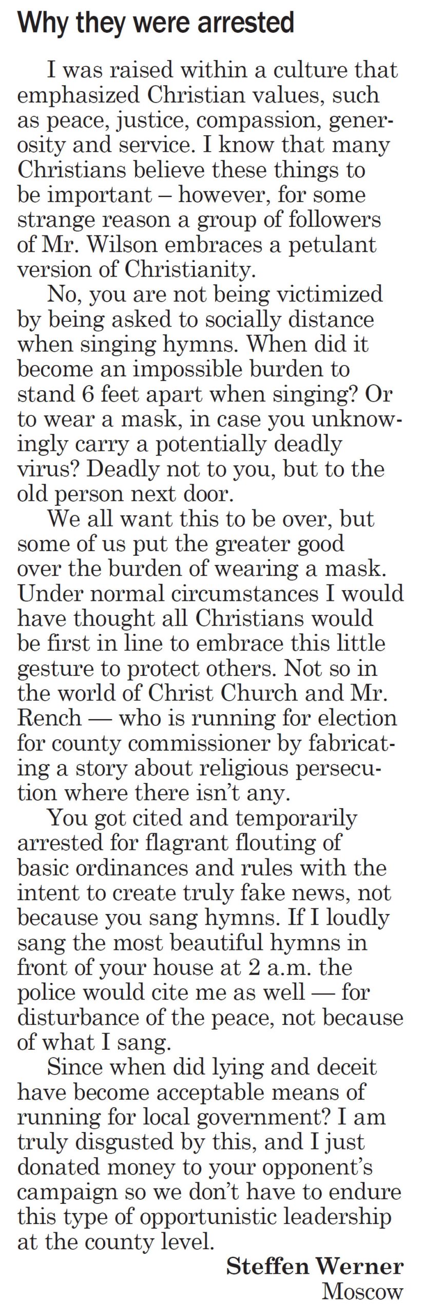 Moscow-Pullman Daily News, October 1, 2020, page 5, Letter to the Editor, “Why they were arrested”