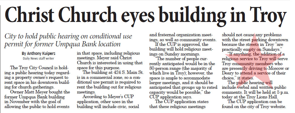 Moscow-Pullman Daily News: “Christ Church eyes building in Troy”