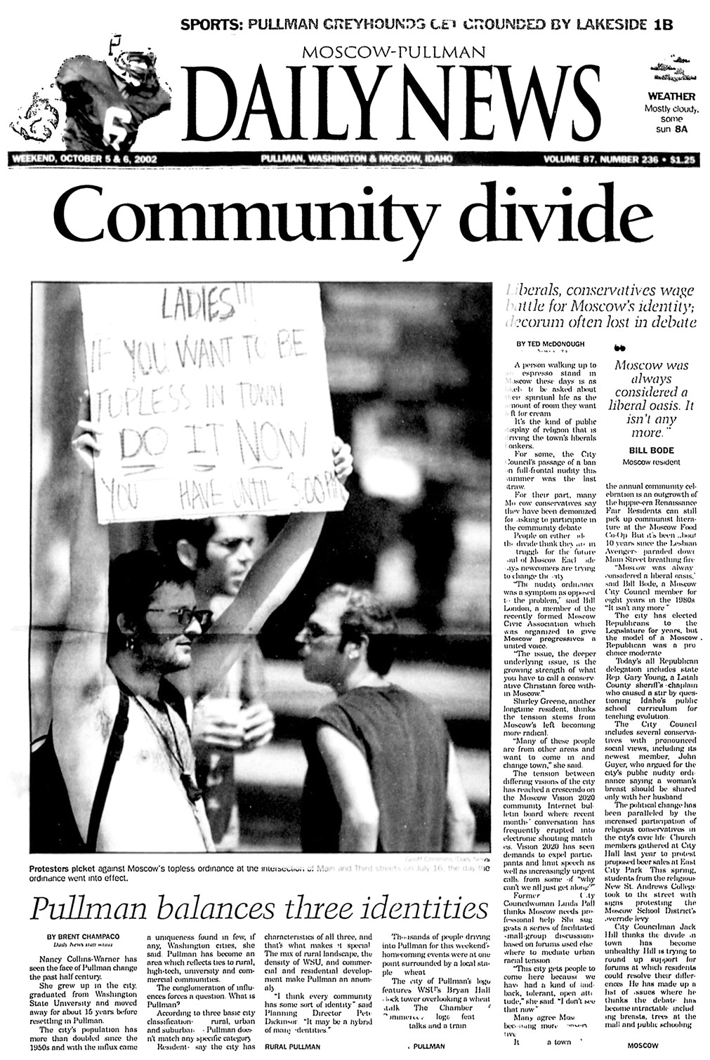 Moscow-Pullman Daily News, October 5, 2002, page 1, top of the fold